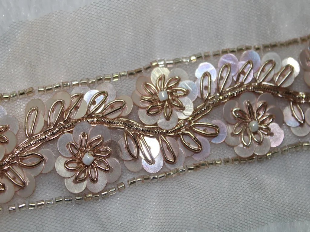 Rose Golden Floral Sequins Handwork Embroidered Border