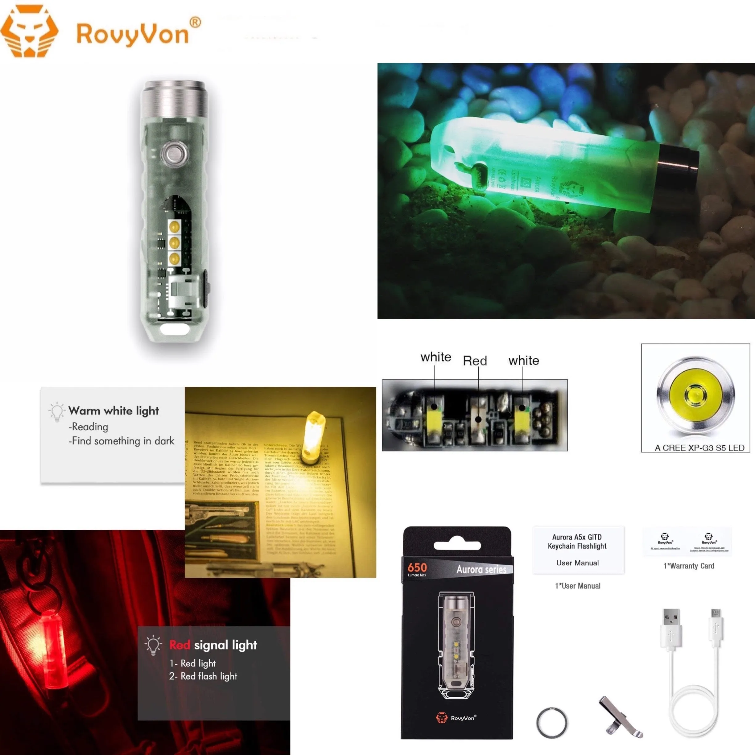 RovyVon Aurora A5x Red/White Green GITD Keychain Flashlight