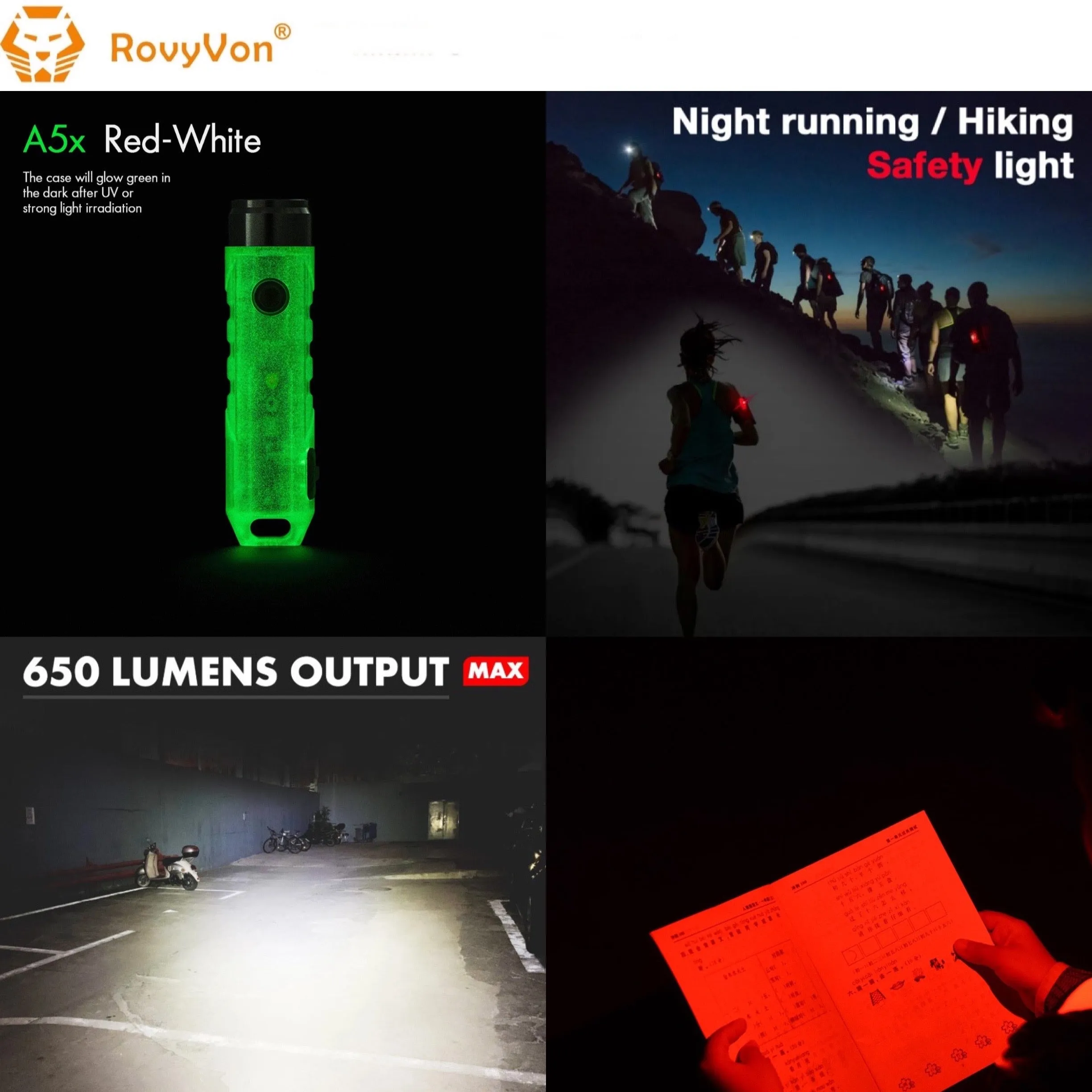 RovyVon Aurora A5x Red/White Green GITD Keychain Flashlight