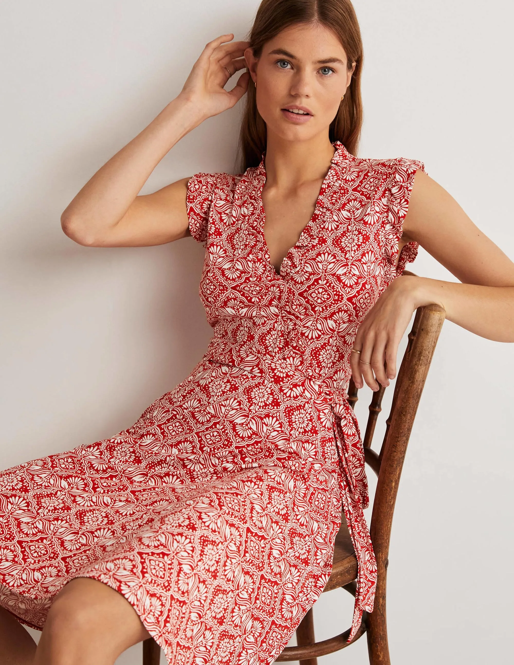Ruffle Fixed Wrap Jersey Dress-Aurora Red, Oriental Diamond