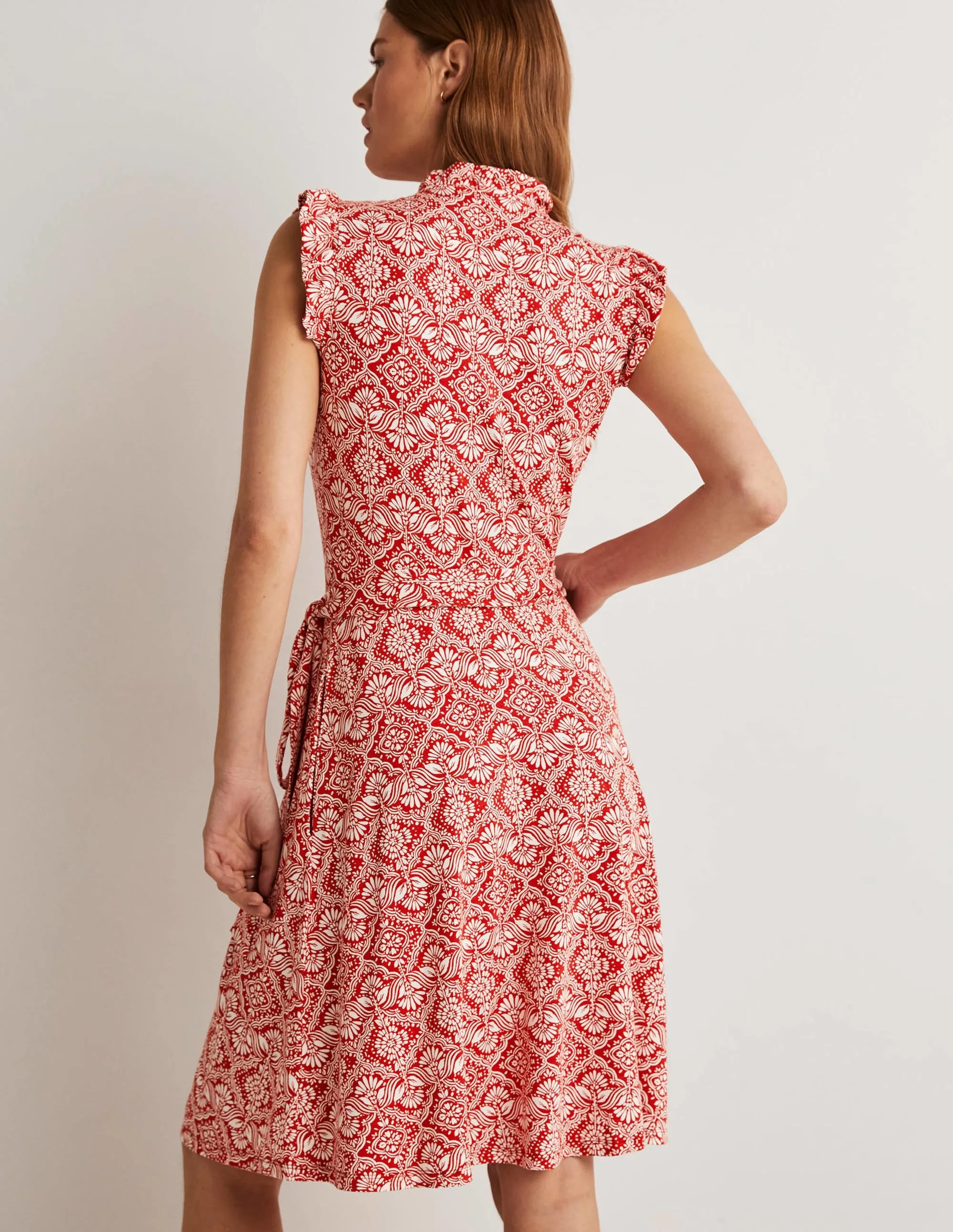 Ruffle Fixed Wrap Jersey Dress-Aurora Red, Oriental Diamond