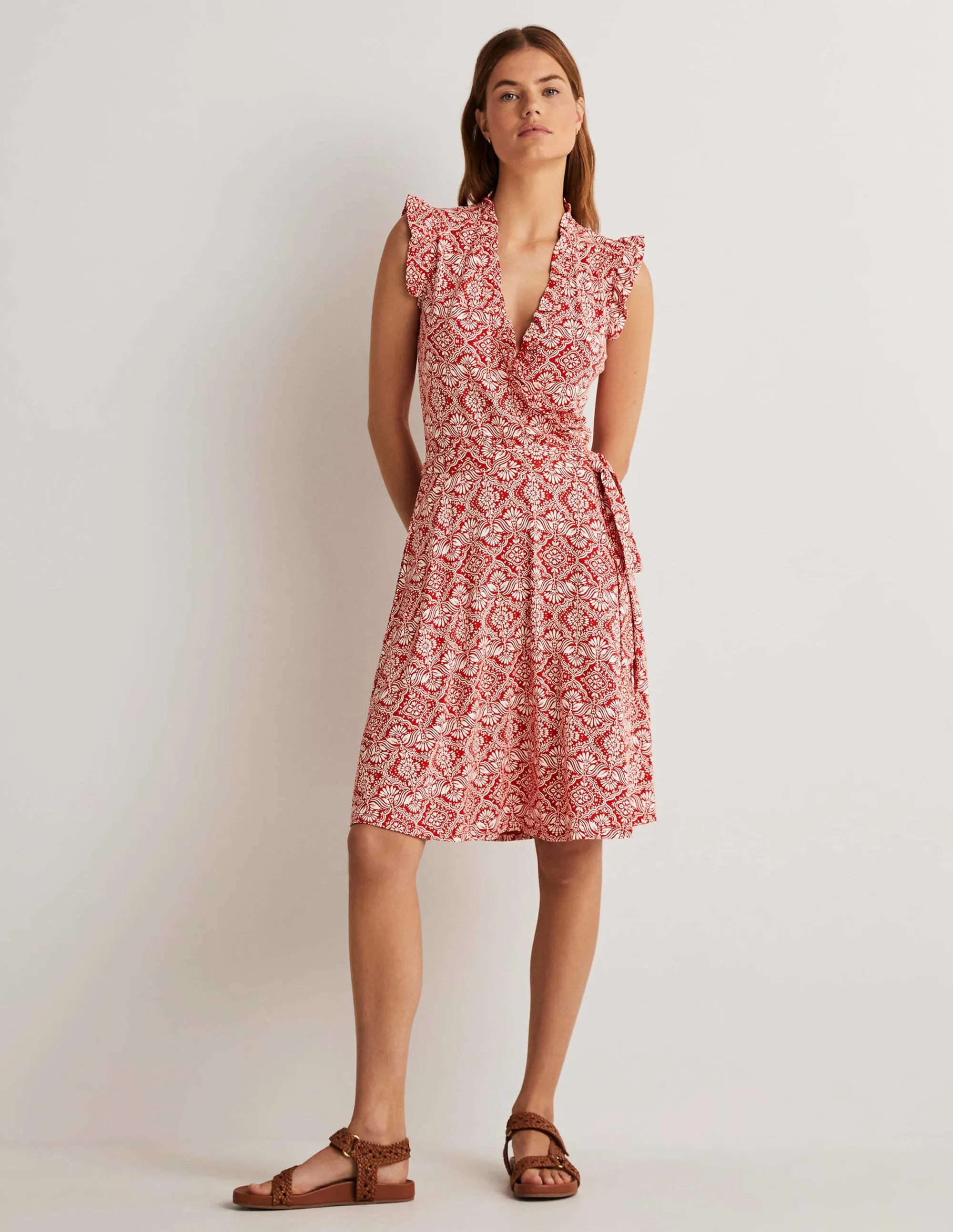 Ruffle Fixed Wrap Jersey Dress-Aurora Red, Oriental Diamond