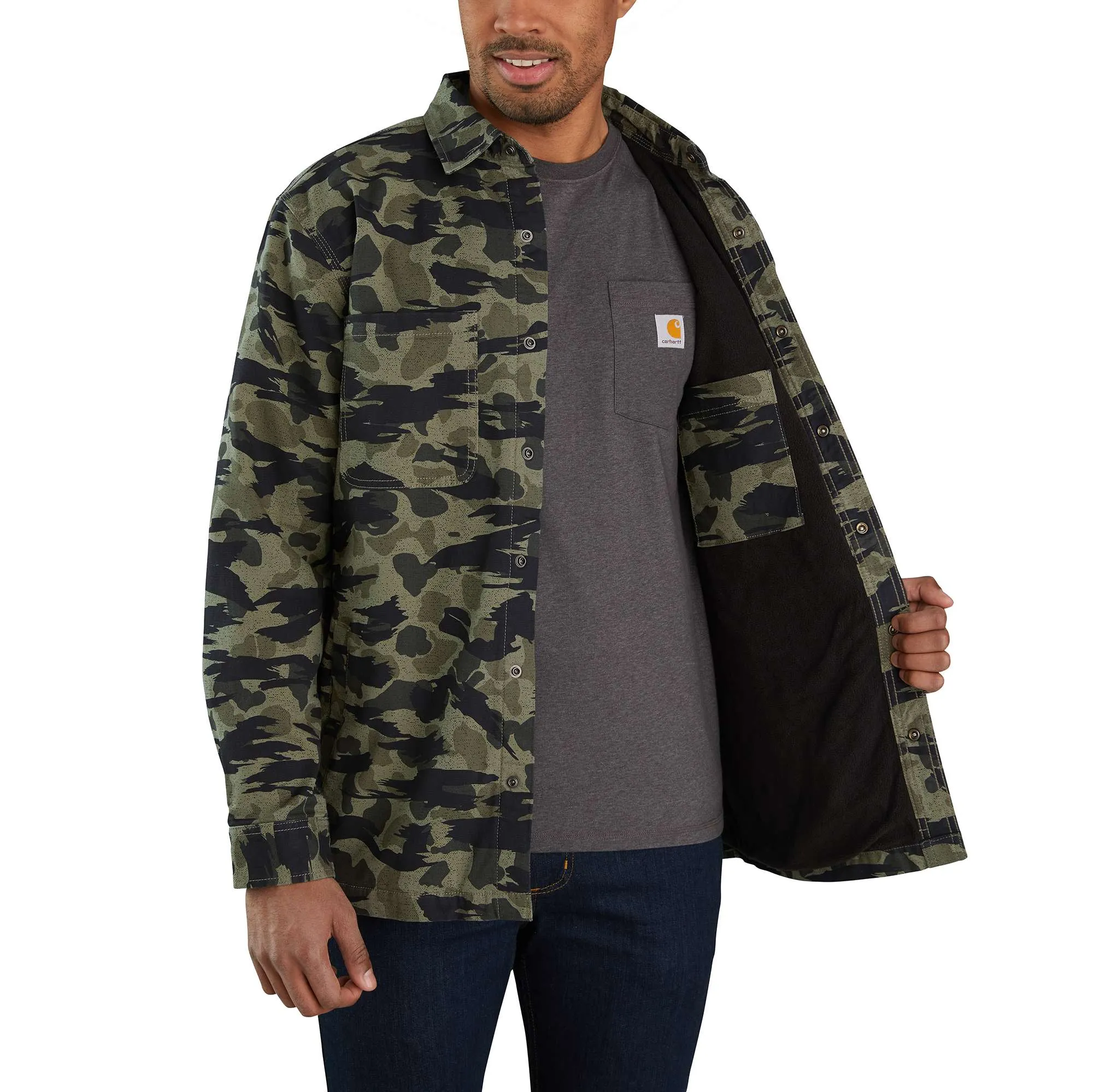 Rugged Flex® Relaxed Fit Canvas Fleece-Lined Snap-Front Camo Shirt Jac