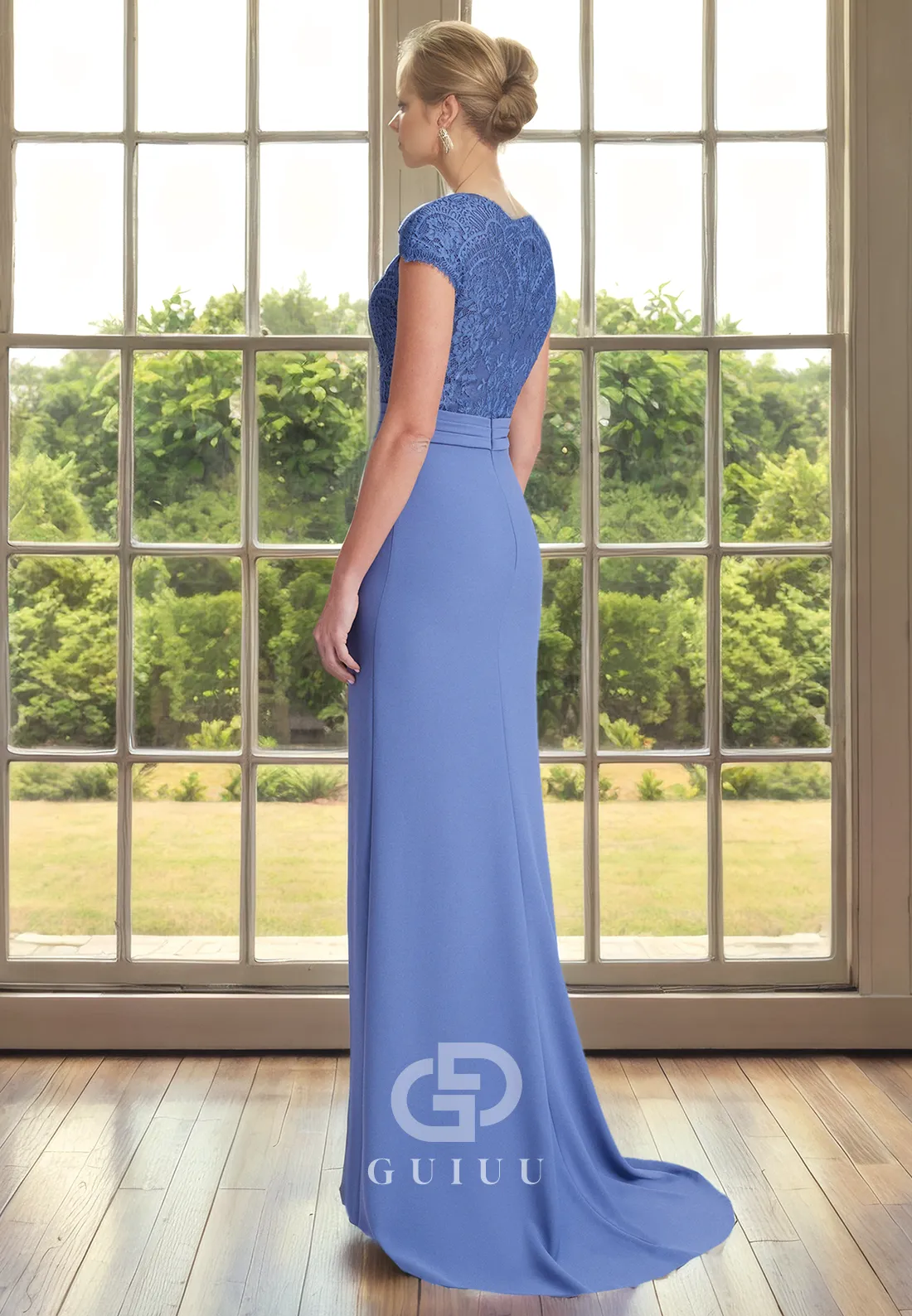 Sheath V Neck Cap Sleeves Lace Pleated Mother of Bride Dress with Slit