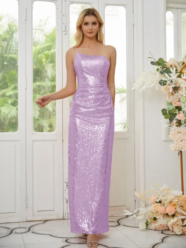 Sheath/Column Sequins Ruched One-Shoulder Sleeveless Floor-Length Bridesmaid Dresses