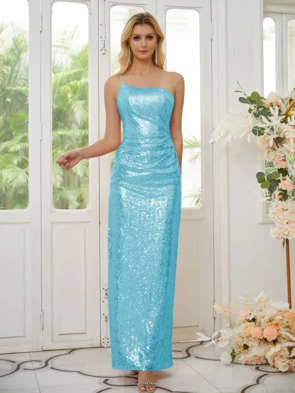 Sheath/Column Sequins Ruched One-Shoulder Sleeveless Floor-Length Bridesmaid Dresses