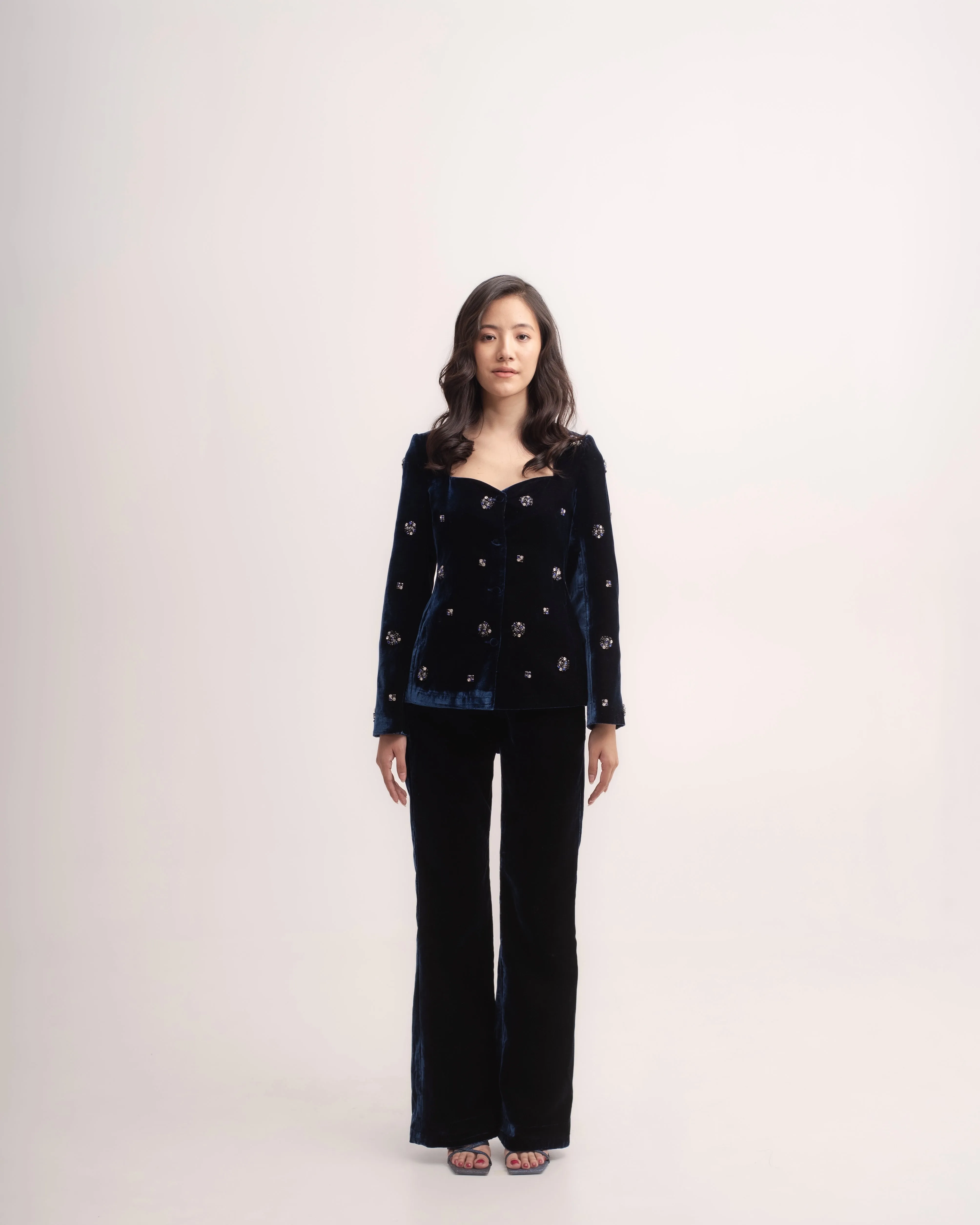Silk-velvet sweetheart neckline blazer with embellishments
