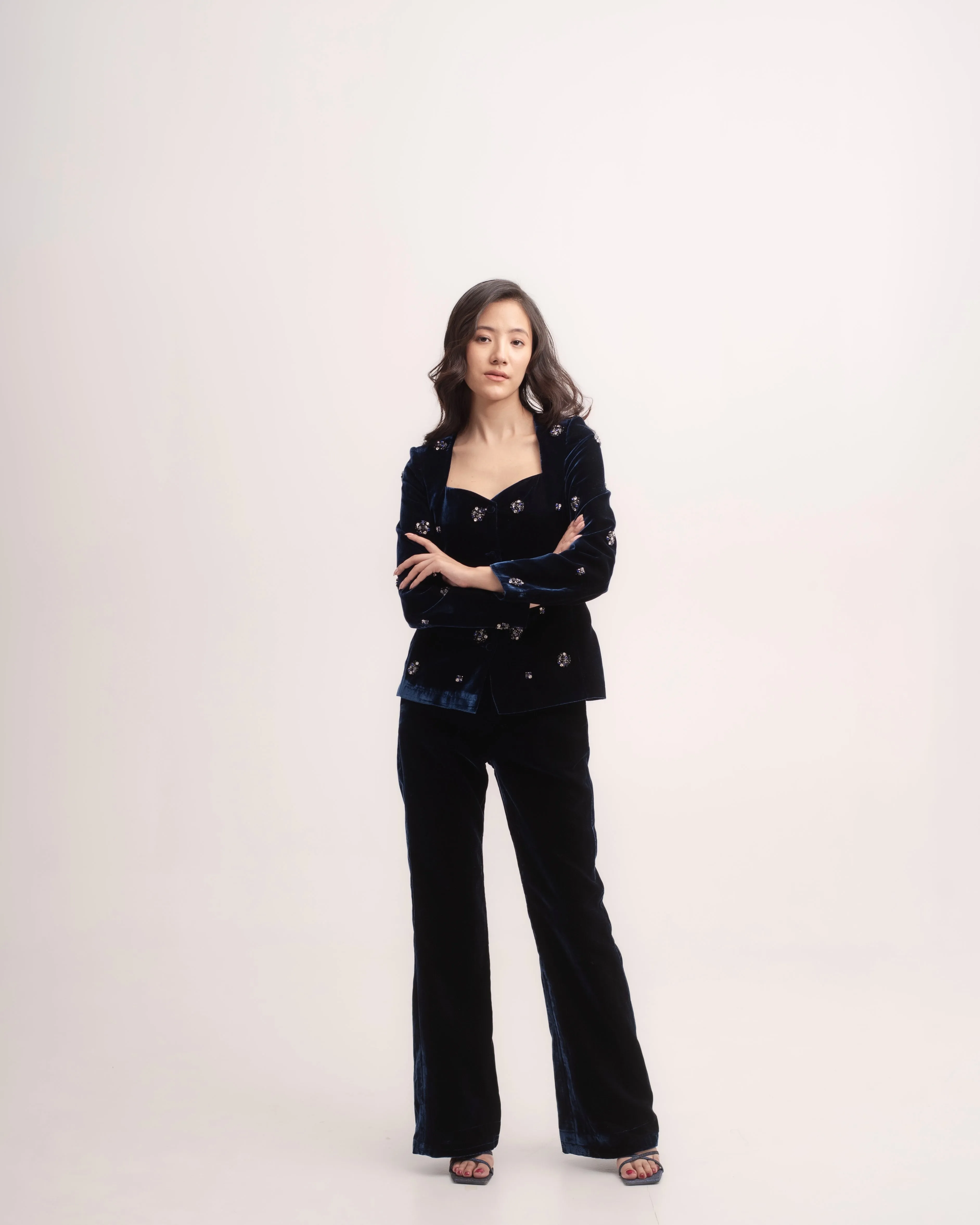 Silk-velvet sweetheart neckline blazer with embellishments