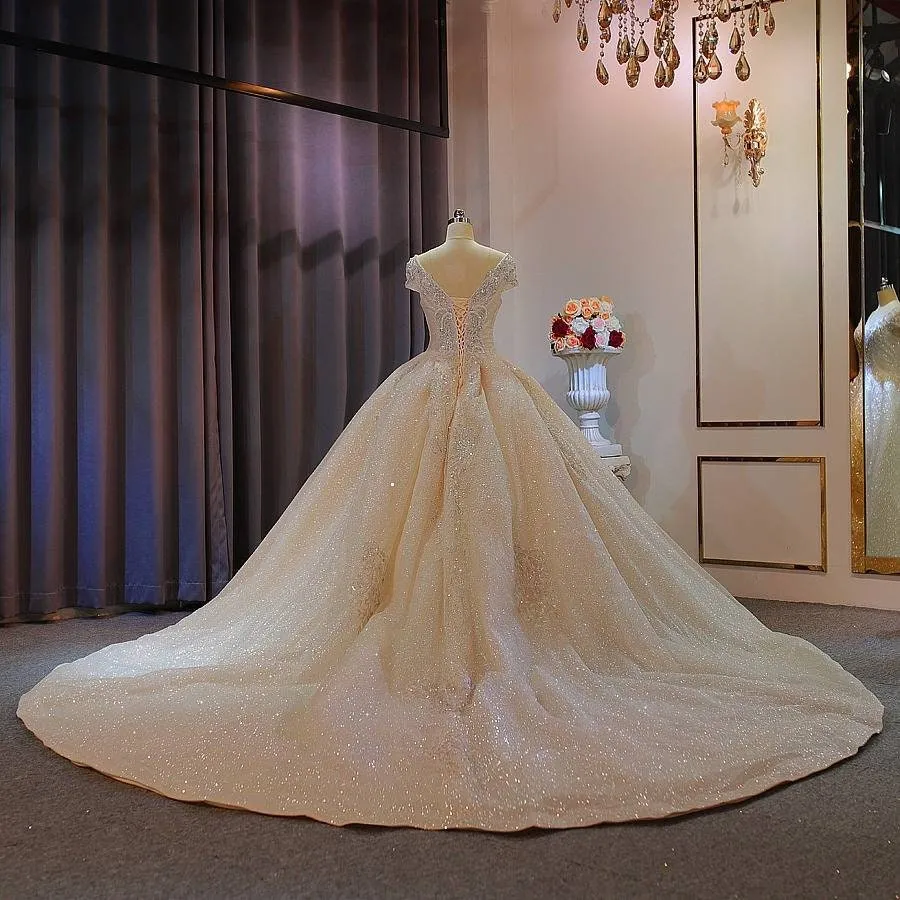 Simple Lace Bead Wedding Ballgown Dress Cap Sleeve Ballgown