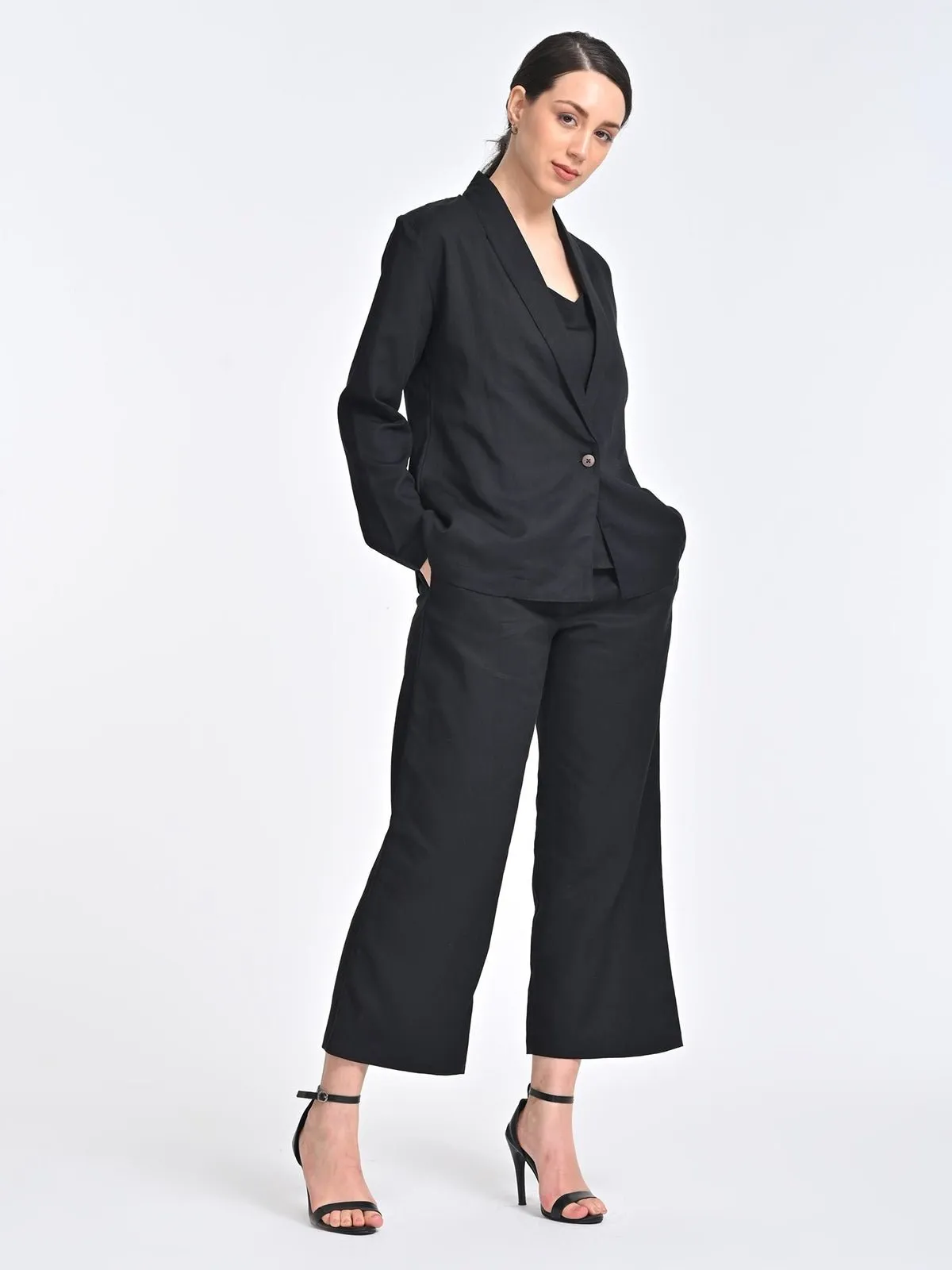 Solid Black Overlay and Slip Top with Trousers 3 Piece Coords Set
