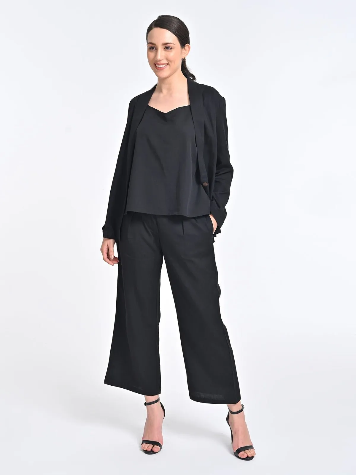 Solid Black Overlay and Slip Top with Trousers 3 Piece Coords Set