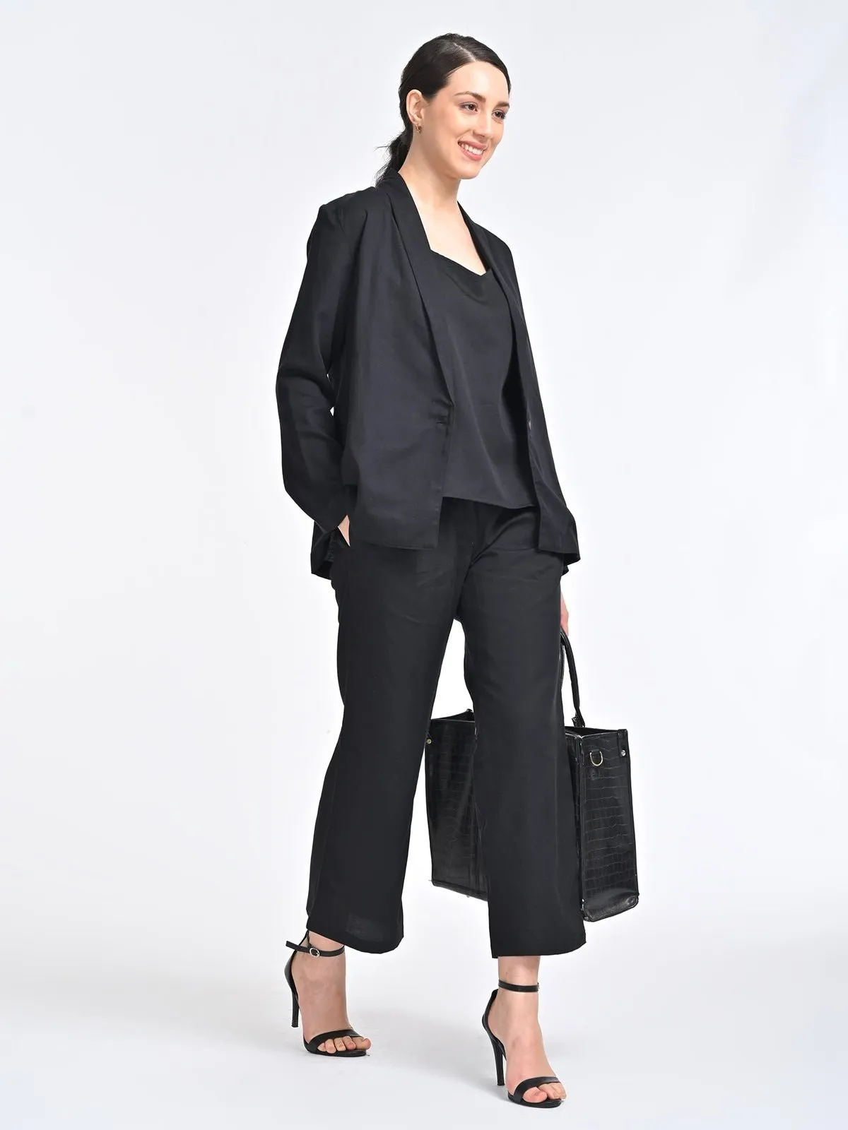 Solid Black Overlay and Slip Top with Trousers 3 Piece Coords Set
