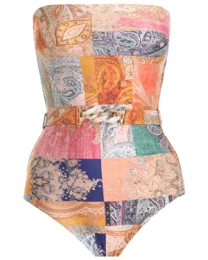 Spliced Patch Paisley Belted Anneke One Piece Swimsuit