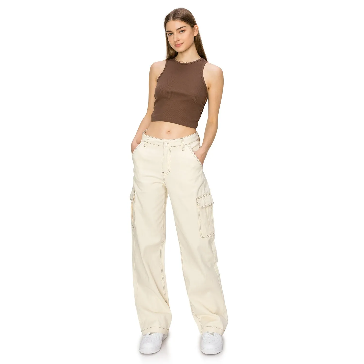 Straight Leg Stitch Cargo Pants - Ivory