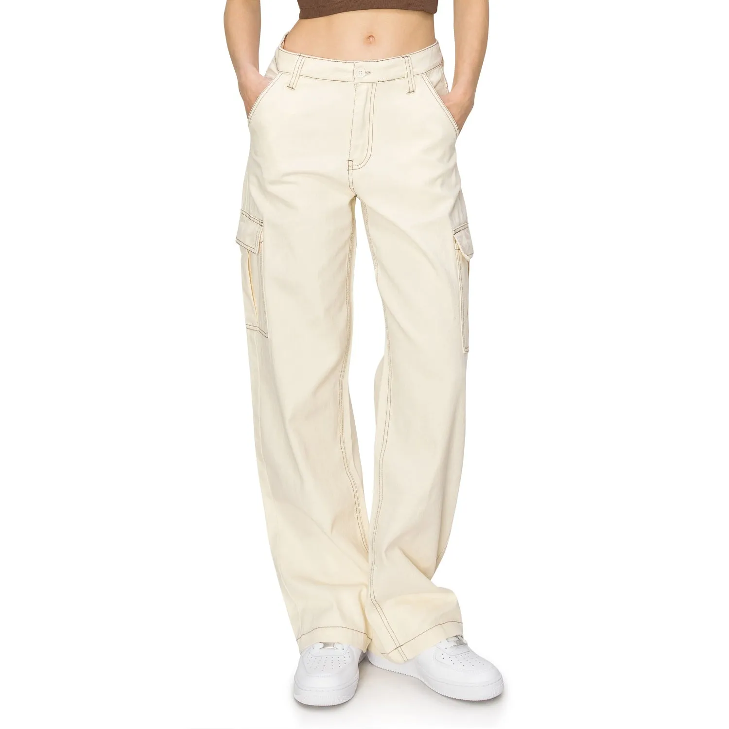 Straight Leg Stitch Cargo Pants - Ivory