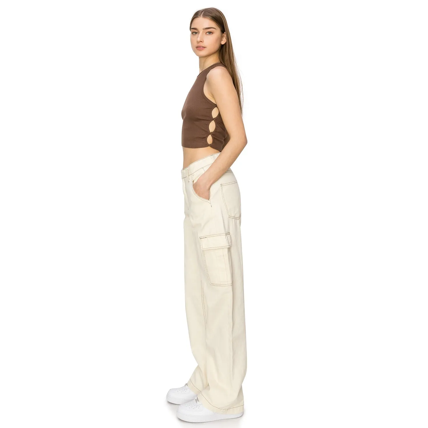 Straight Leg Stitch Cargo Pants - Ivory