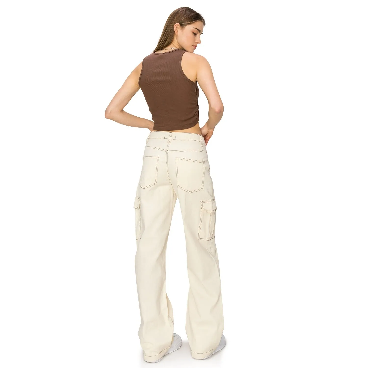 Straight Leg Stitch Cargo Pants - Ivory