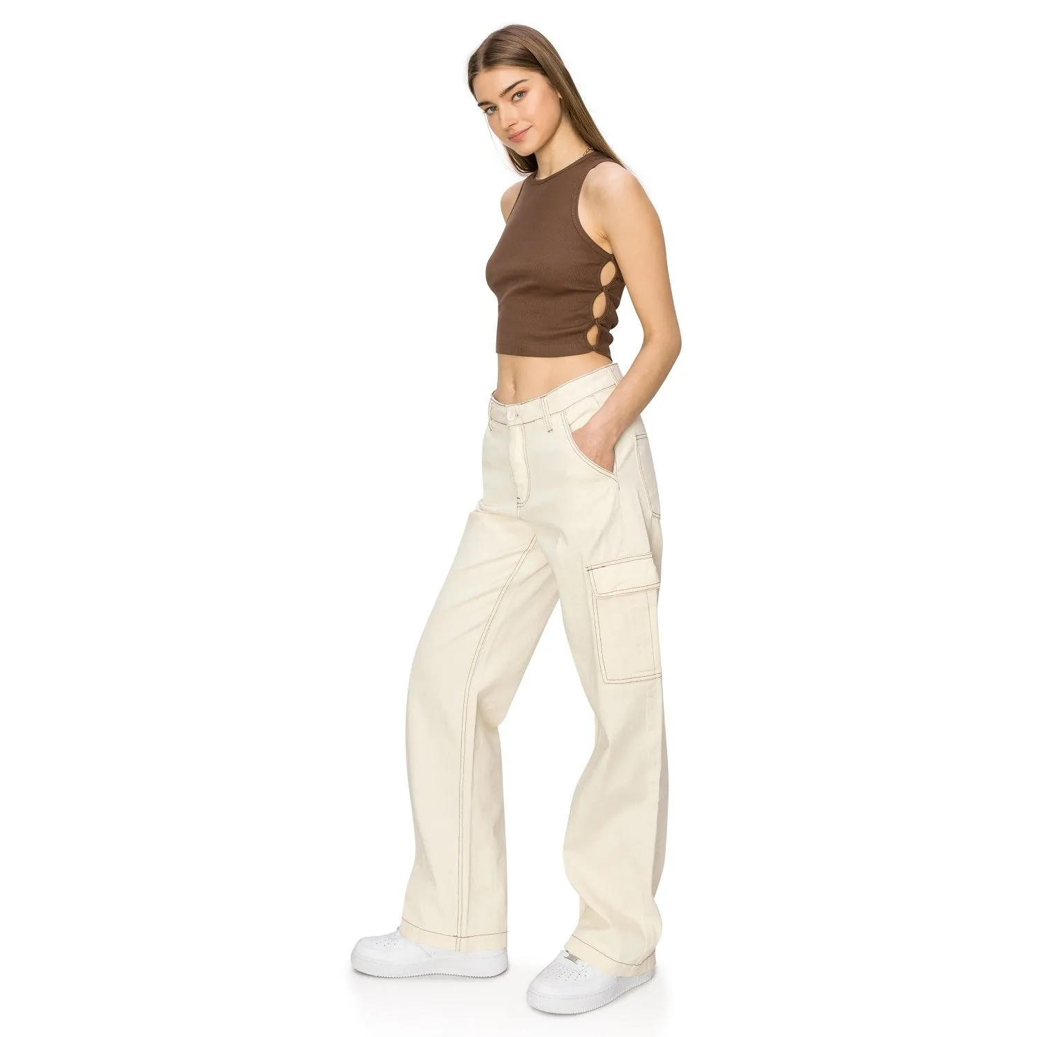 Straight Leg Stitch Cargo Pants - Ivory
