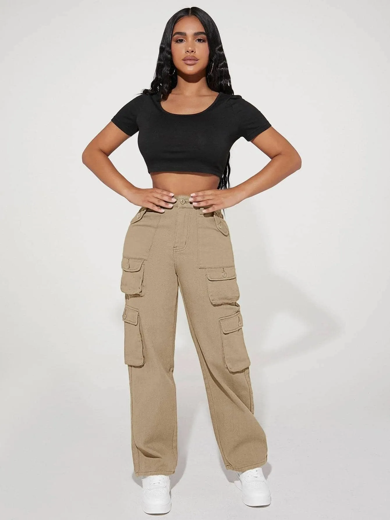 Stylish High Waist Pocket Cargo Jeans