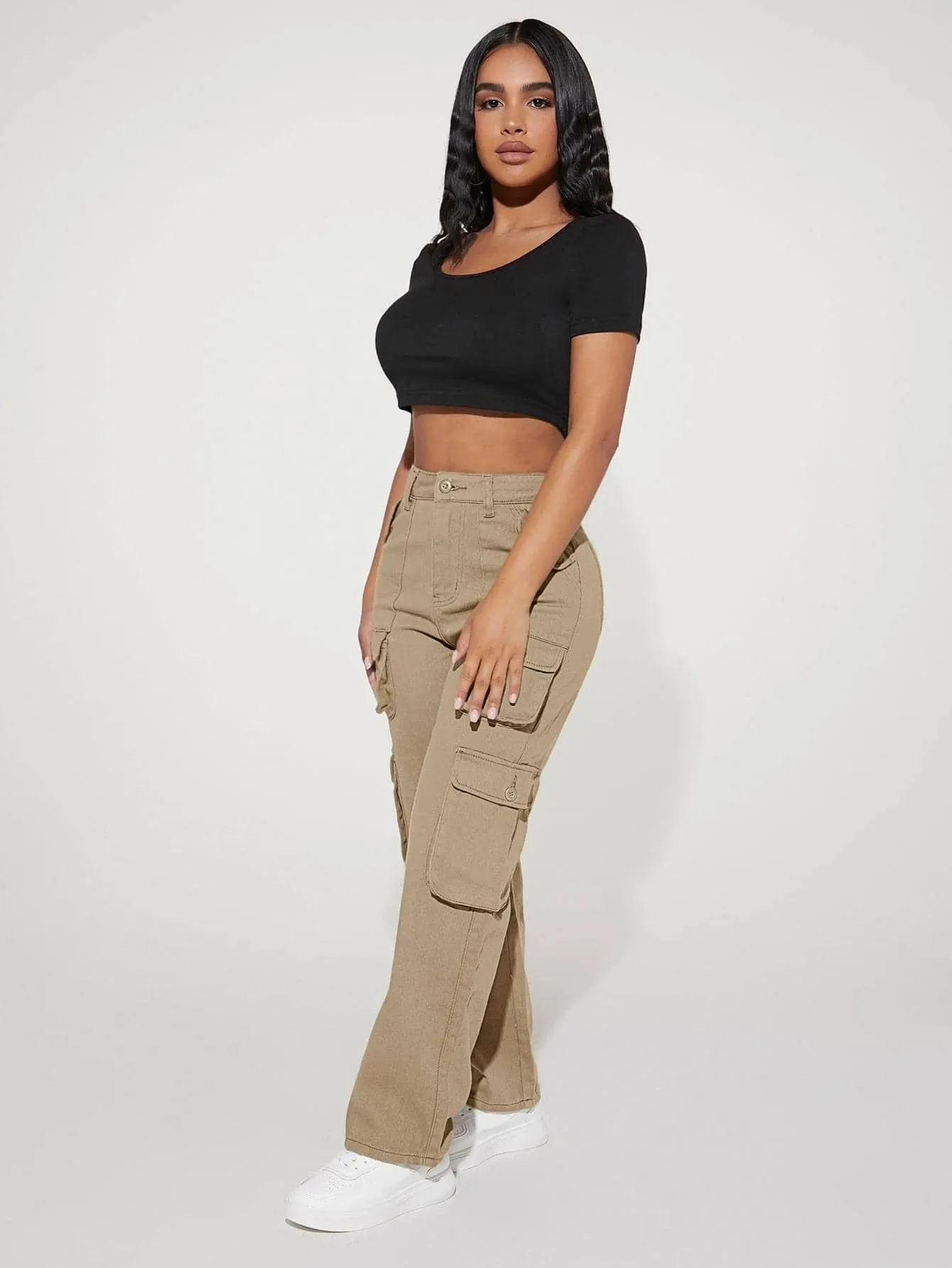 Stylish High Waist Pocket Cargo Jeans