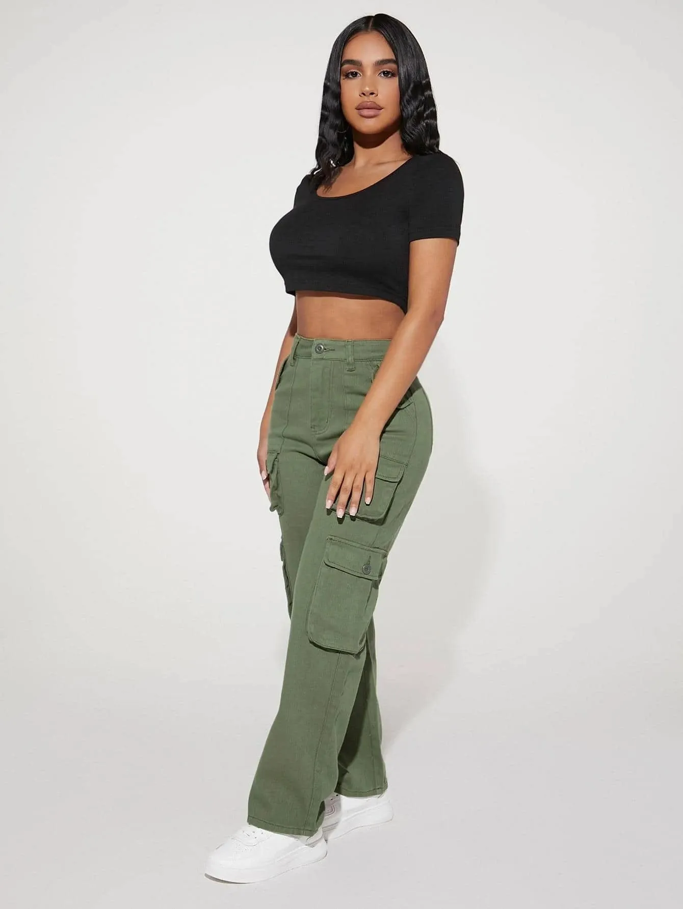 Stylish High Waist Pocket Cargo Jeans