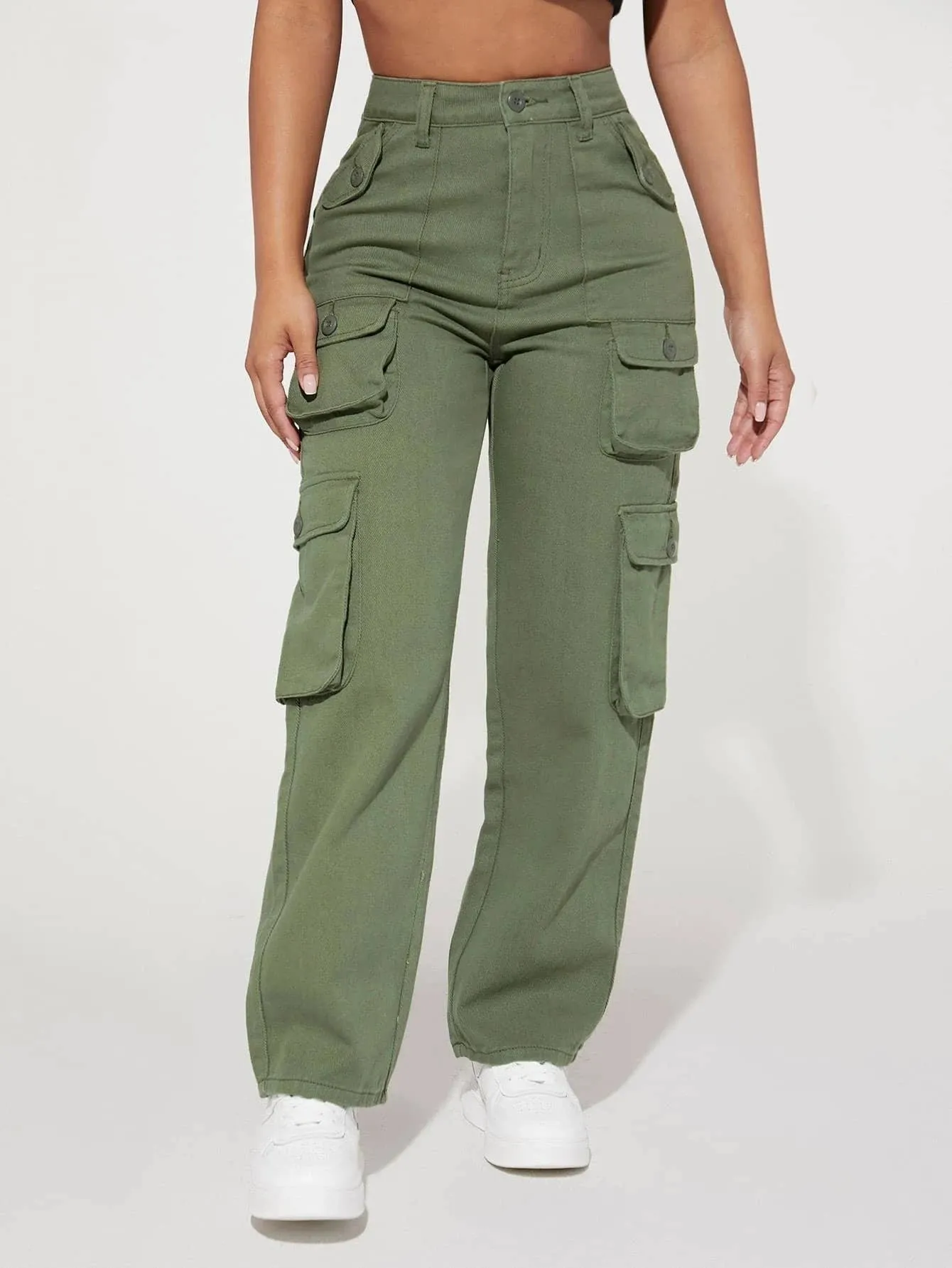 Stylish High Waist Pocket Cargo Jeans