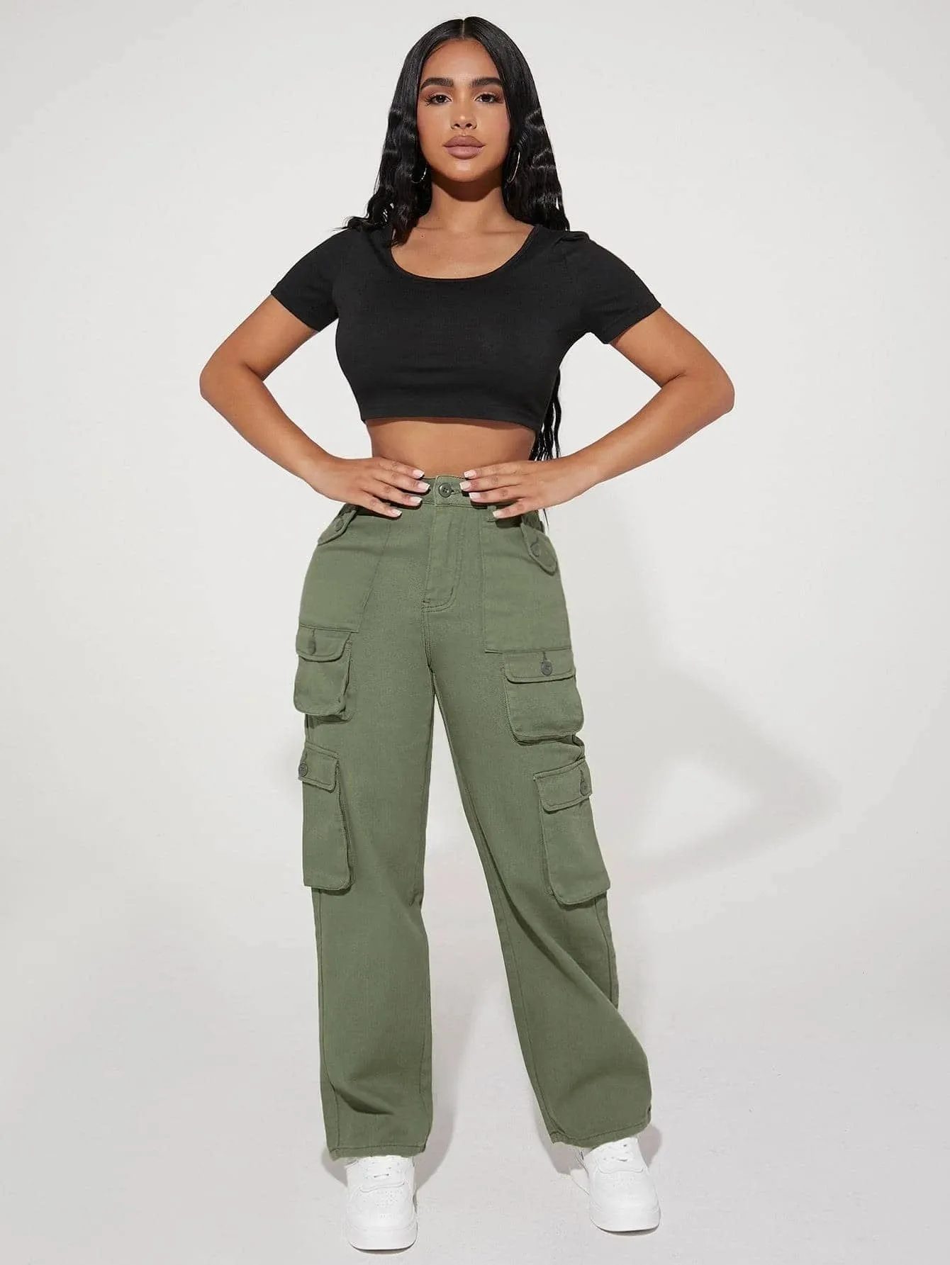 Stylish High Waist Pocket Cargo Jeans