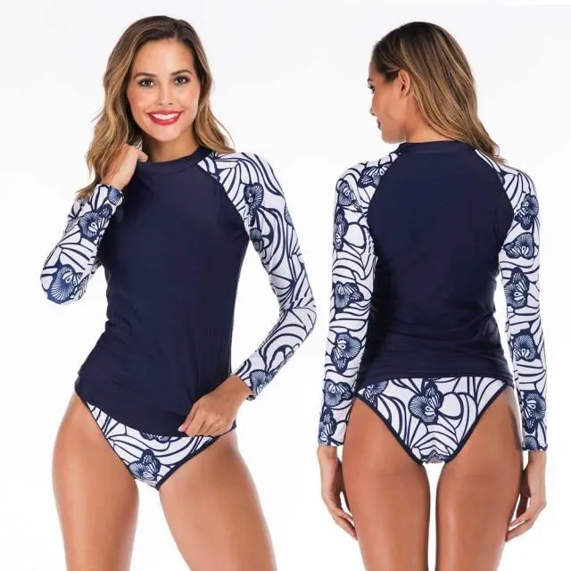 Stylish Ladies' Split Rash Guards With Long Sleeve & Shirt Thong Two Pieces