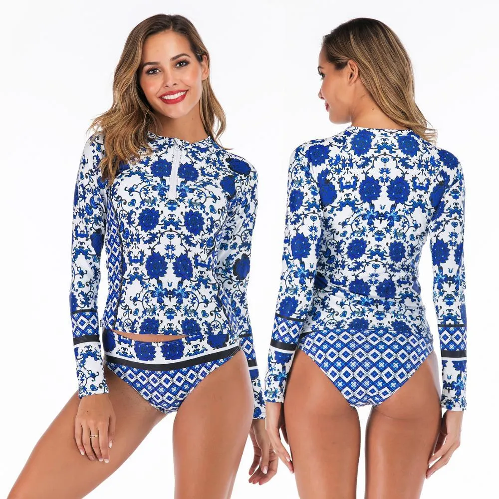 Stylish Ladies' Split Rash Guards With Long Sleeve & Shirt Thong Two Pieces