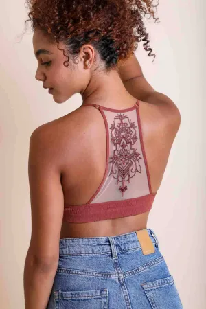 Tattoo Mesh Racerback Bralette: Rust