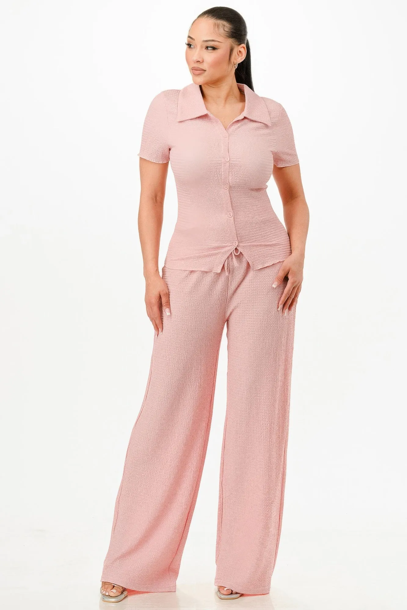 Textured Polo Top And Pants Set