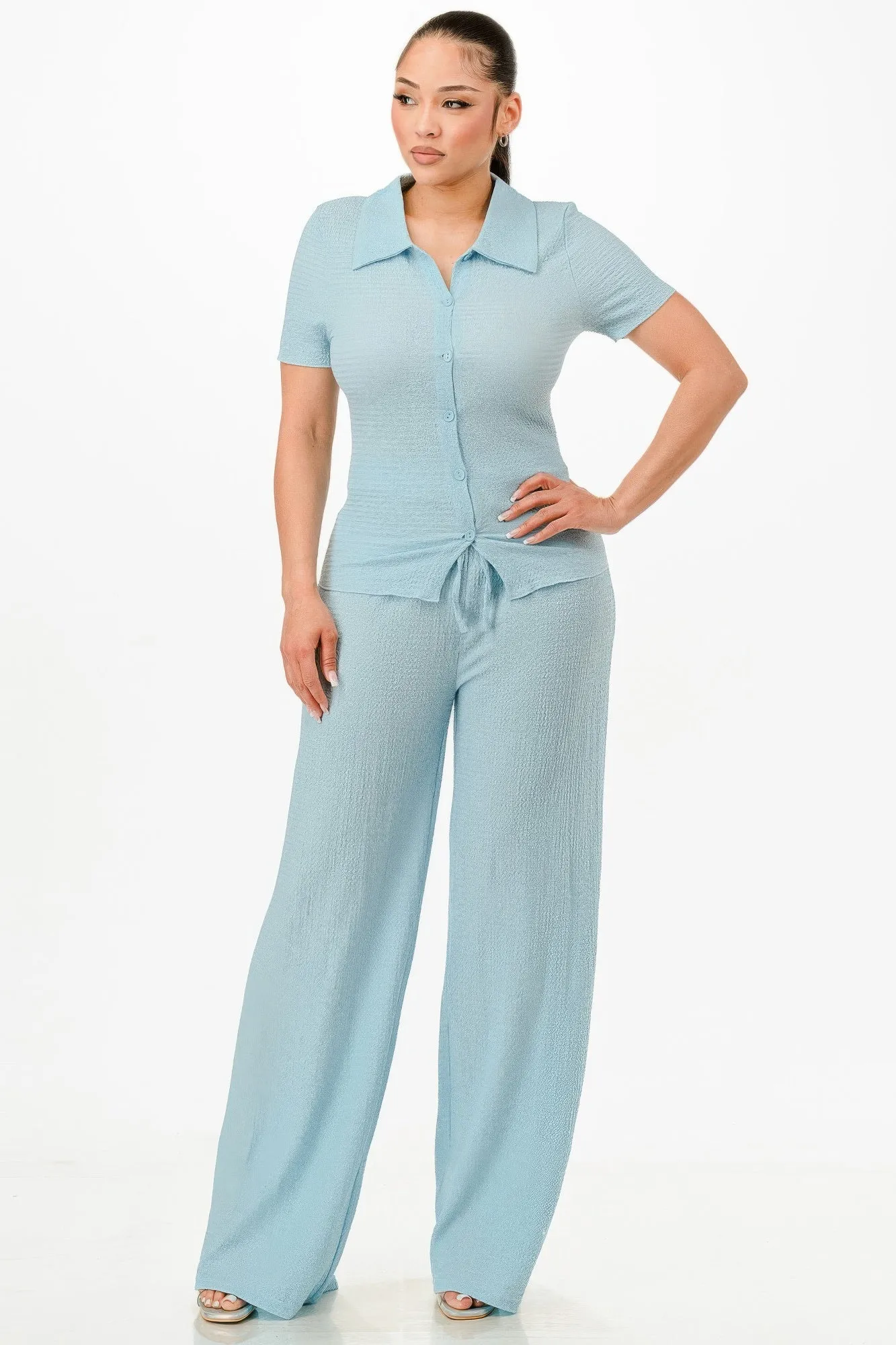 Textured Polo Top And Pants Set