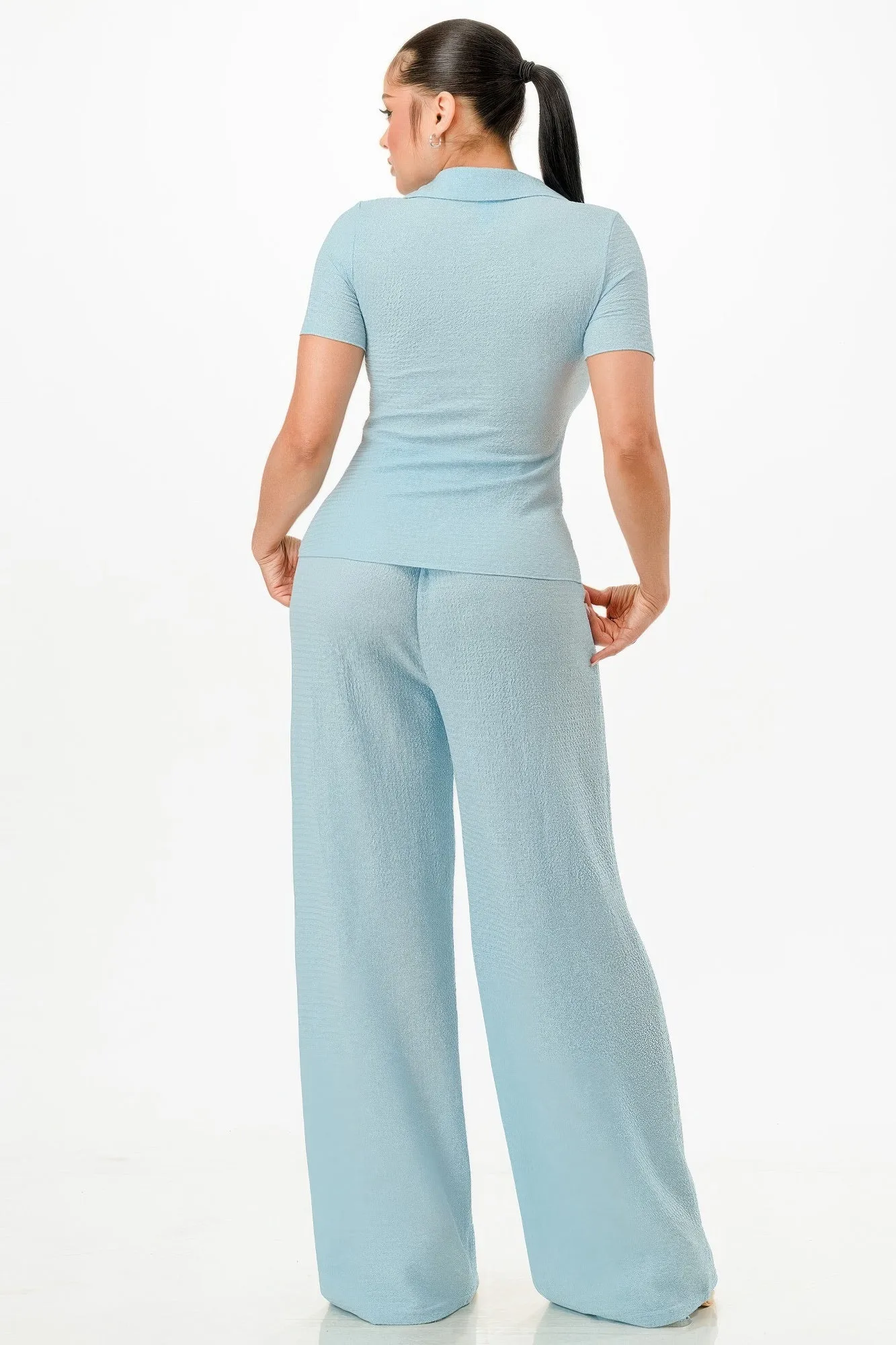 Textured Polo Top And Pants Set