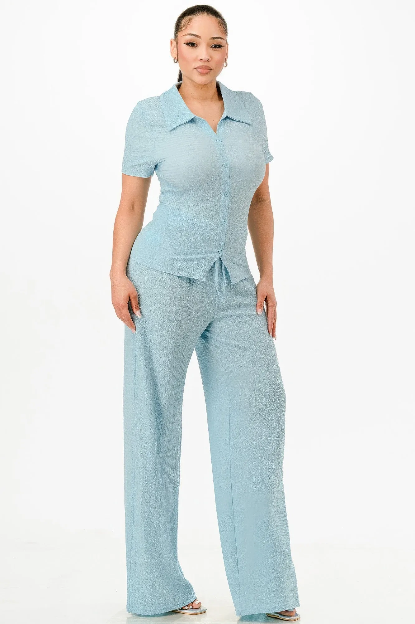 Textured Polo Top And Pants Set