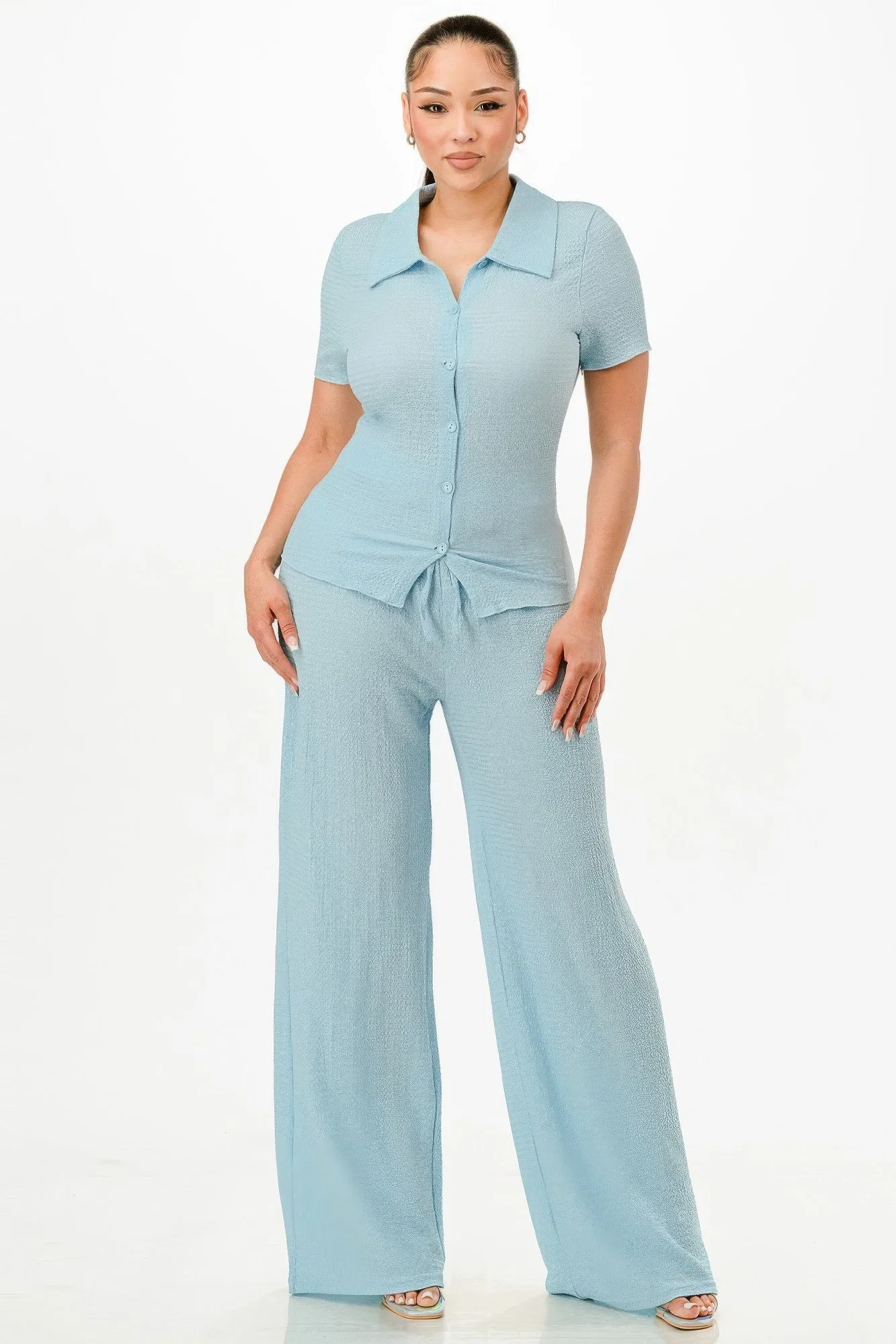 Textured Polo Top And Pants Set