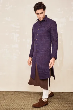 Textured Shacket with Polo Neck Kurta & White Trousers