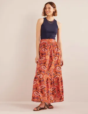 Tiered Cotton Maxi Skirt-Coral, Paradise Paisley