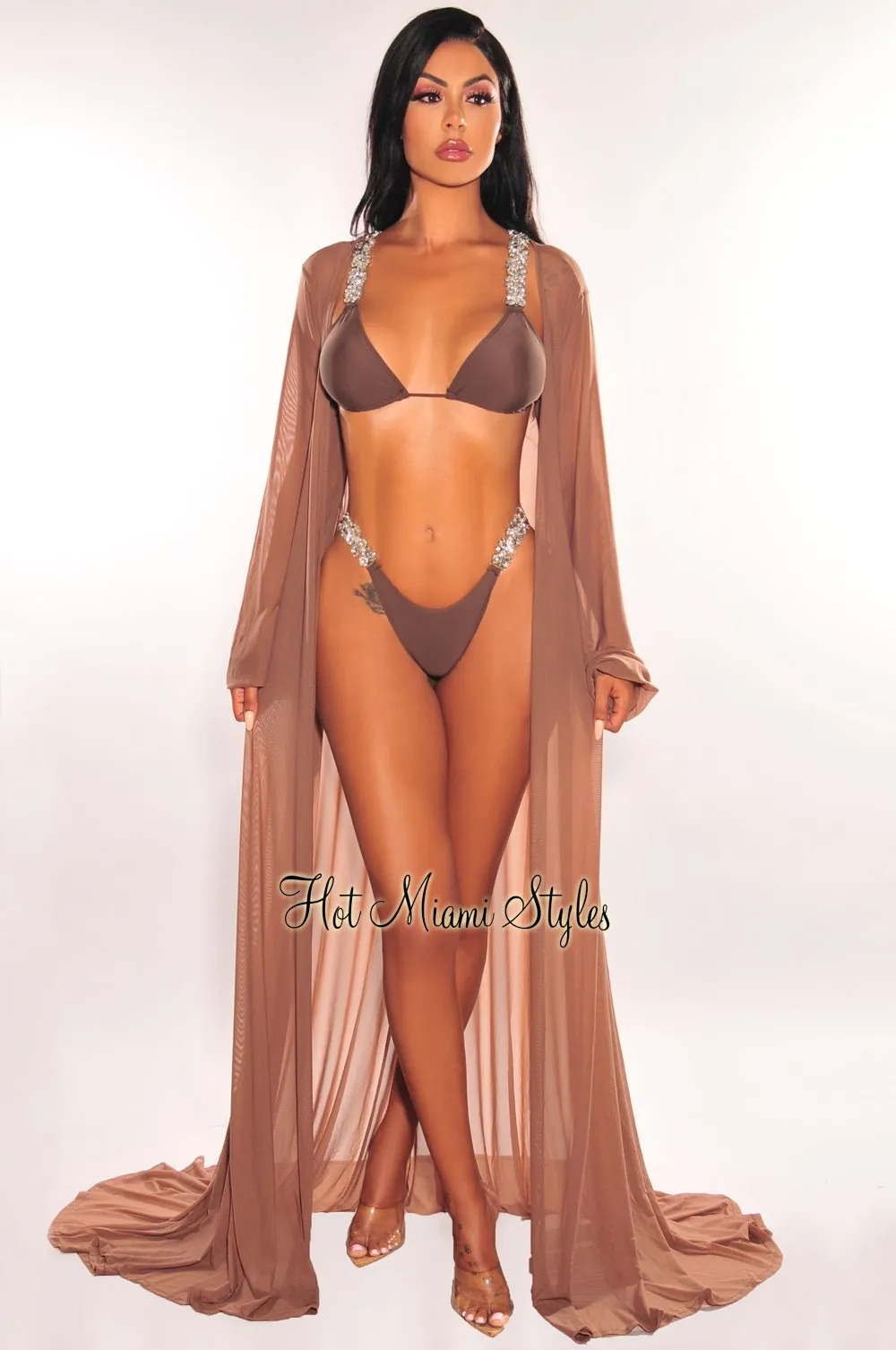Toffee Mesh Long Sleeves Belted Maxi Cover Up