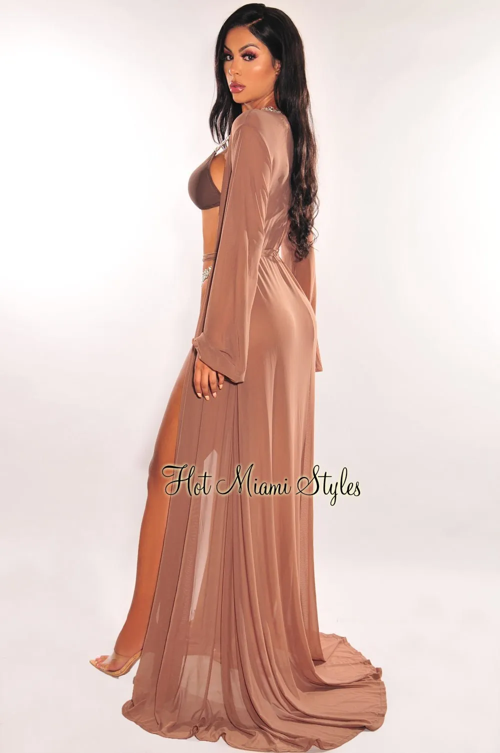 Toffee Mesh Long Sleeves Belted Maxi Cover Up