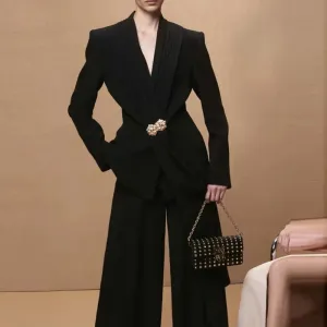 Trend4us Women's Elegant Long Sleeve Ruffle Blazer Pant Suit