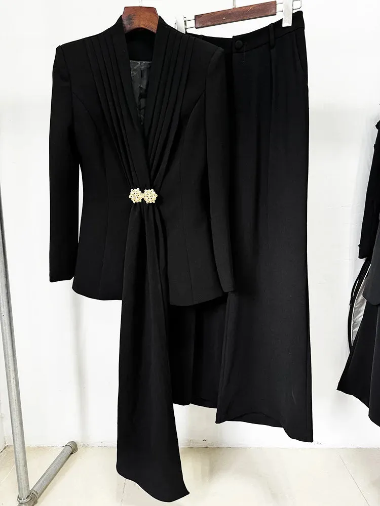 Trend4us Women's Elegant Long Sleeve Ruffle Blazer Pant Suit