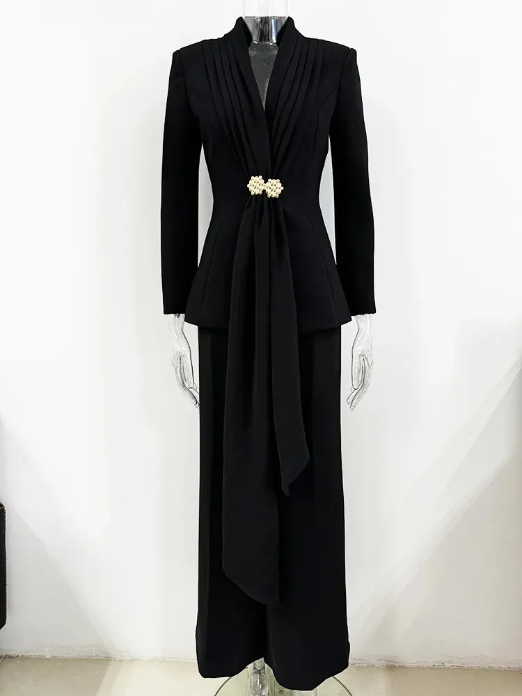 Trend4us Women's Elegant Long Sleeve Ruffle Blazer Pant Suit