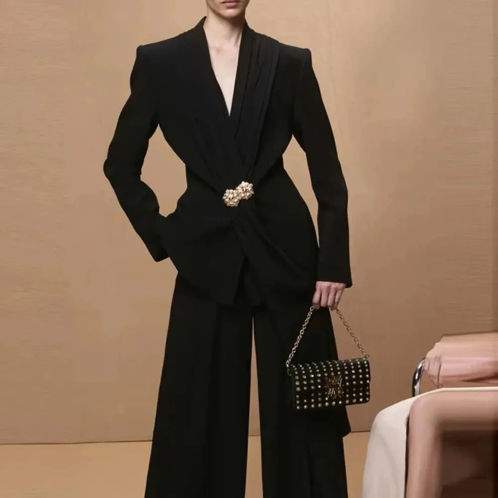 Trend4us Women's Elegant Long Sleeve Ruffle Blazer Pant Suit