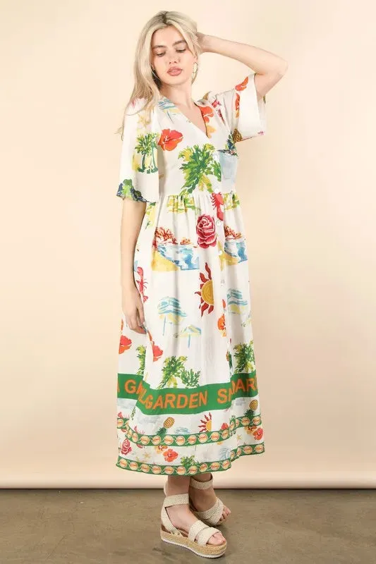 Tropical Garden Print Button-Down Midi Dress