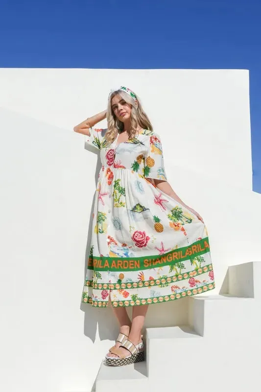 Tropical Garden Print Button-Down Midi Dress