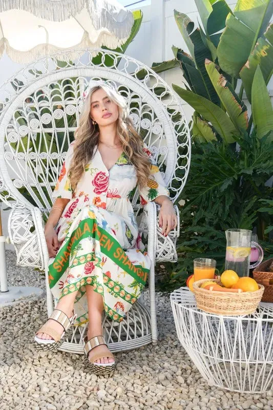 Tropical Garden Print Button-Down Midi Dress