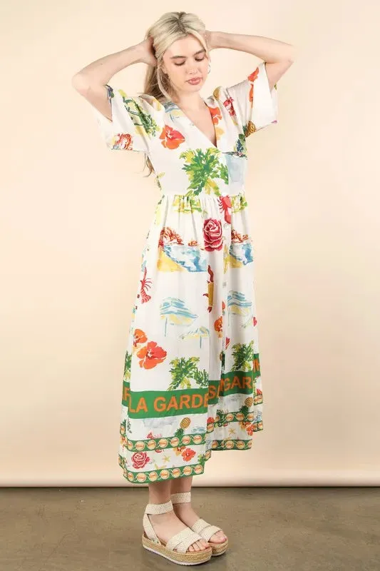 Tropical Garden Print Button-Down Midi Dress