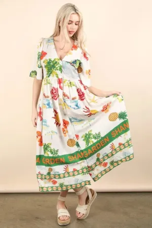Tropical Garden Print Button-Down Midi Dress