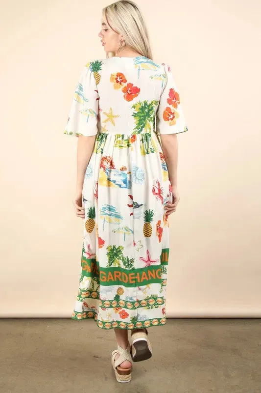 Tropical Garden Print Button-Down Midi Dress