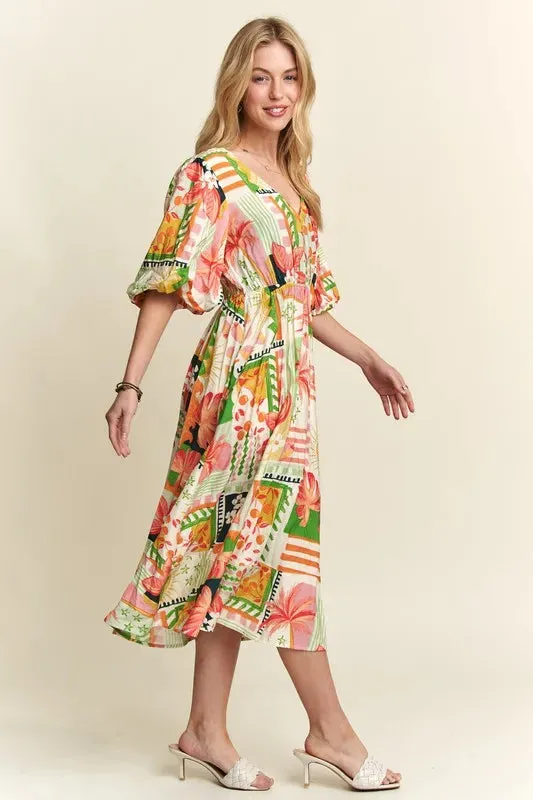 Tropical Patchwork Floral Puff Sleeve Midi Dress